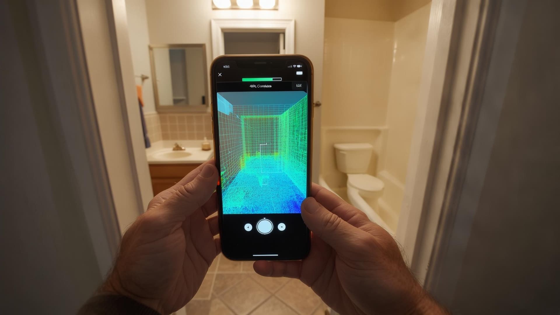 Two hands holding an iPhone in a bathroom doorway — the screen shows a green LiDAR wireframe mesh mapping every surface of the room in real time