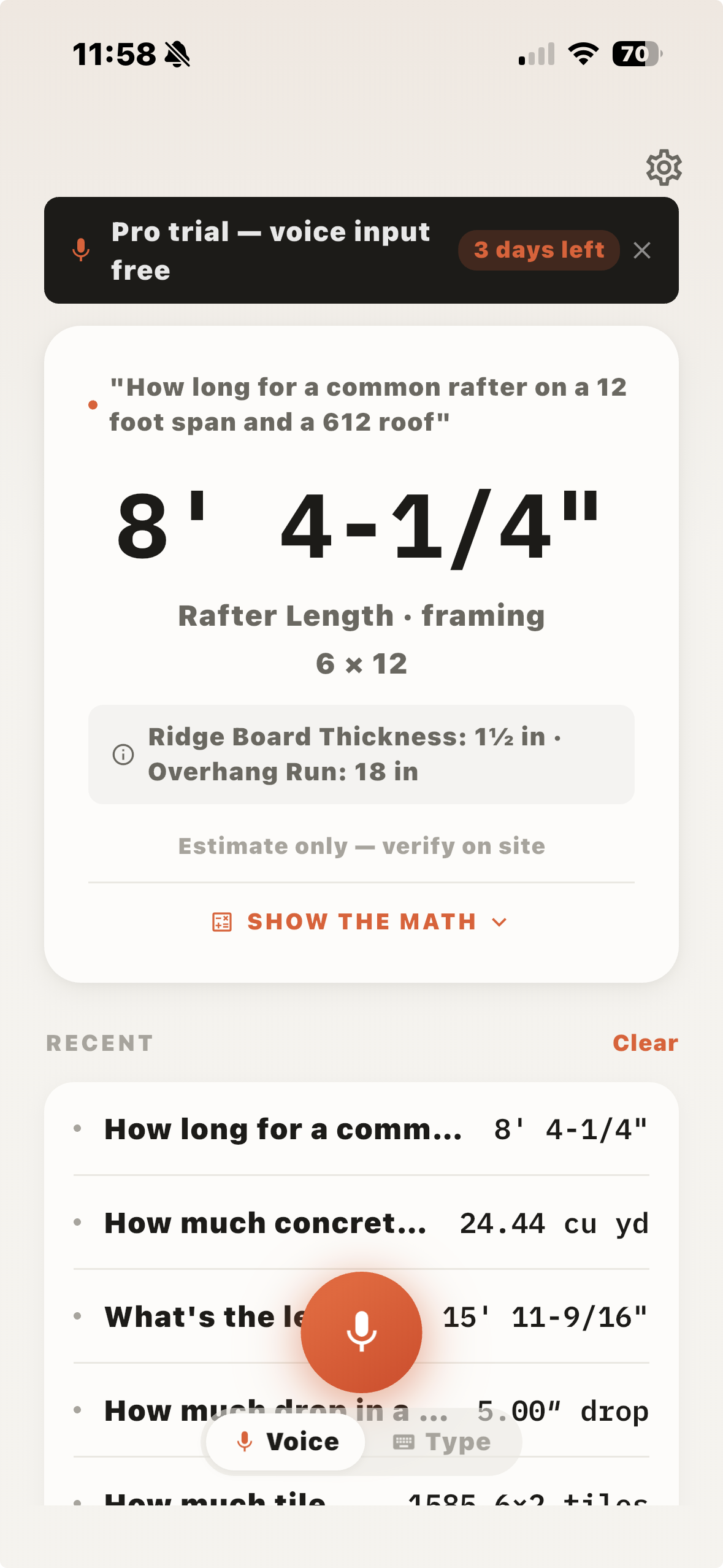 Journeyman showing 8 feet 4 and one quarter inches rafter length result